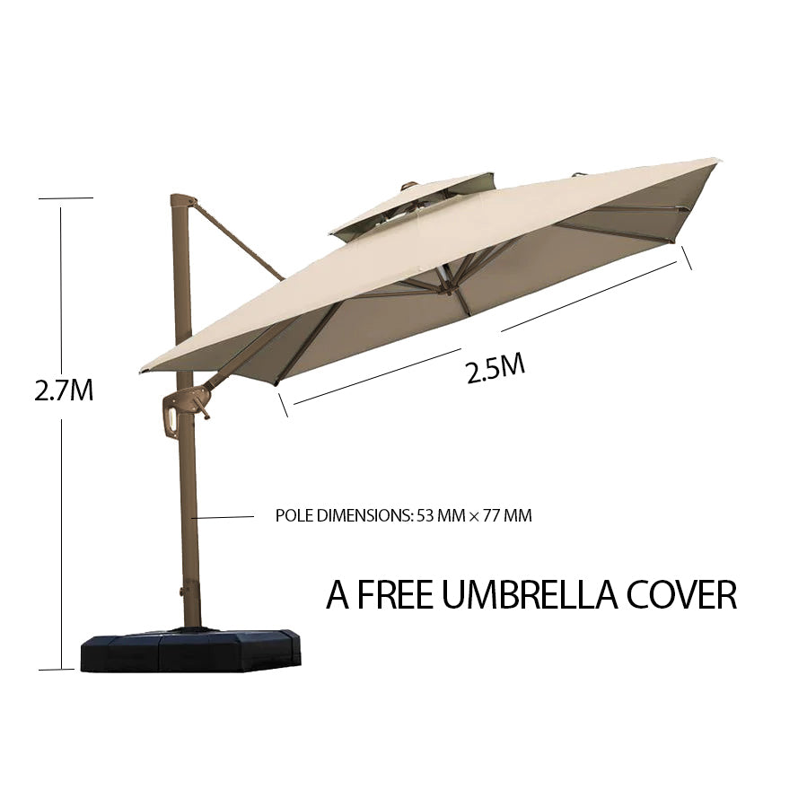 Cantilever Patio Umbrella Roma 2.5M Double Top Square Umbrella, 360° Rotation, parasol with Cover