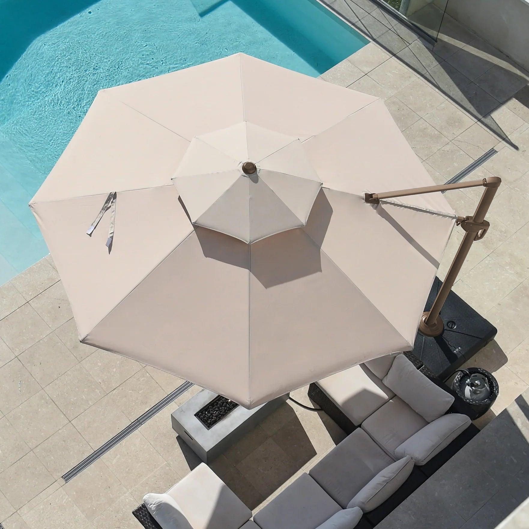 3M Roma Round aluminium double-topped umbrella with lights, 360°rotating offset patio umbrella, khaki - Parasol