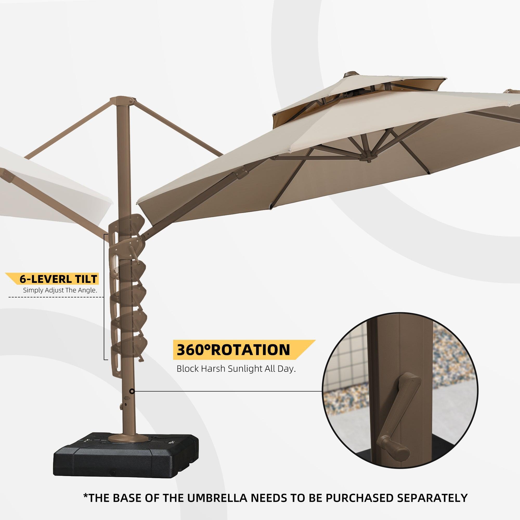 3M Roma Round aluminium double-topped umbrella with lights, 360°rotating offset patio umbrella, khaki - Parasol