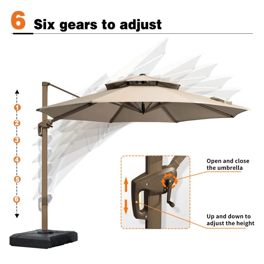 3M Roma Round aluminium double-topped umbrella with lights, 360°rotating offset patio umbrella, khaki - Parasol
