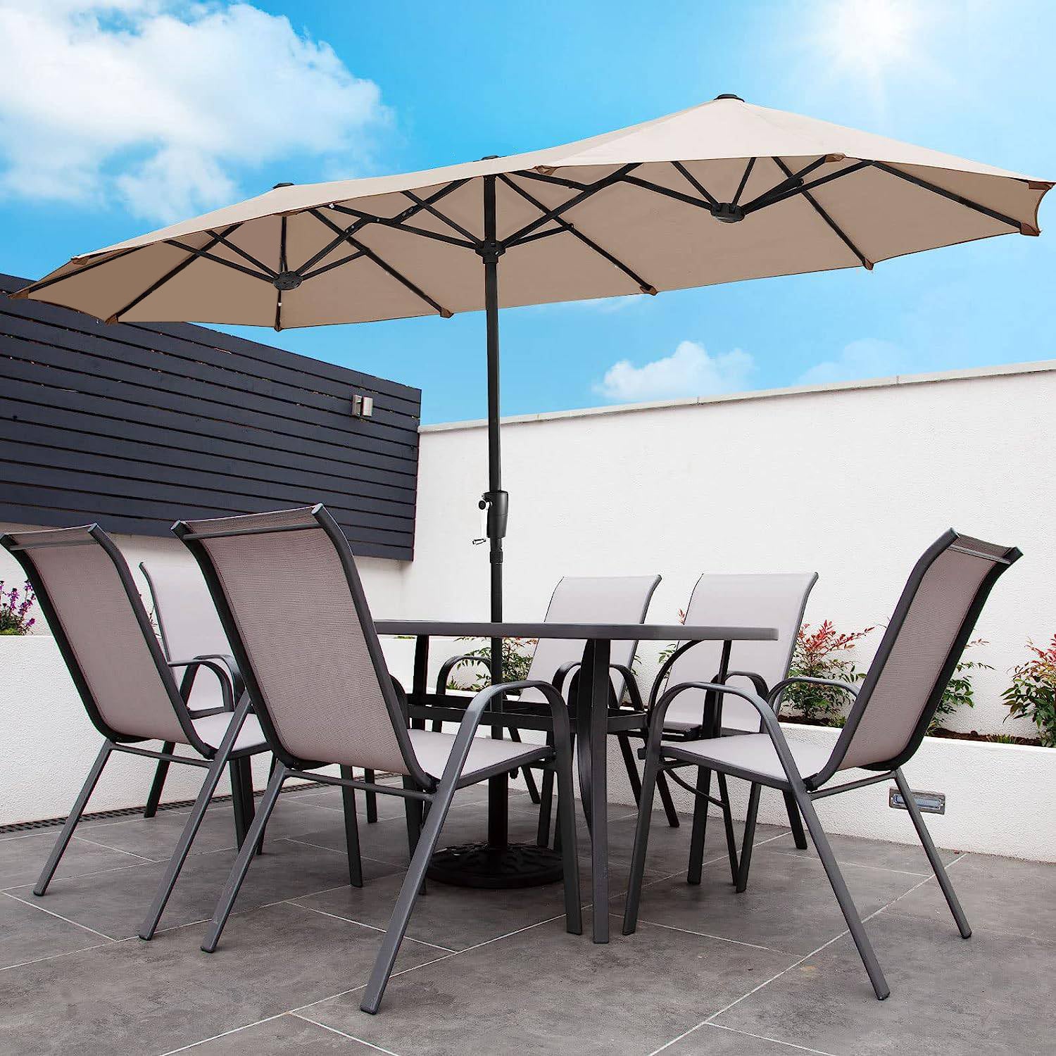 15FT Patio Outdoor Umbrella With Cover Double Sided Large Umbrella 4.5M with Crank Handle for Deck, Lawn, Backyard and Pool, Tan