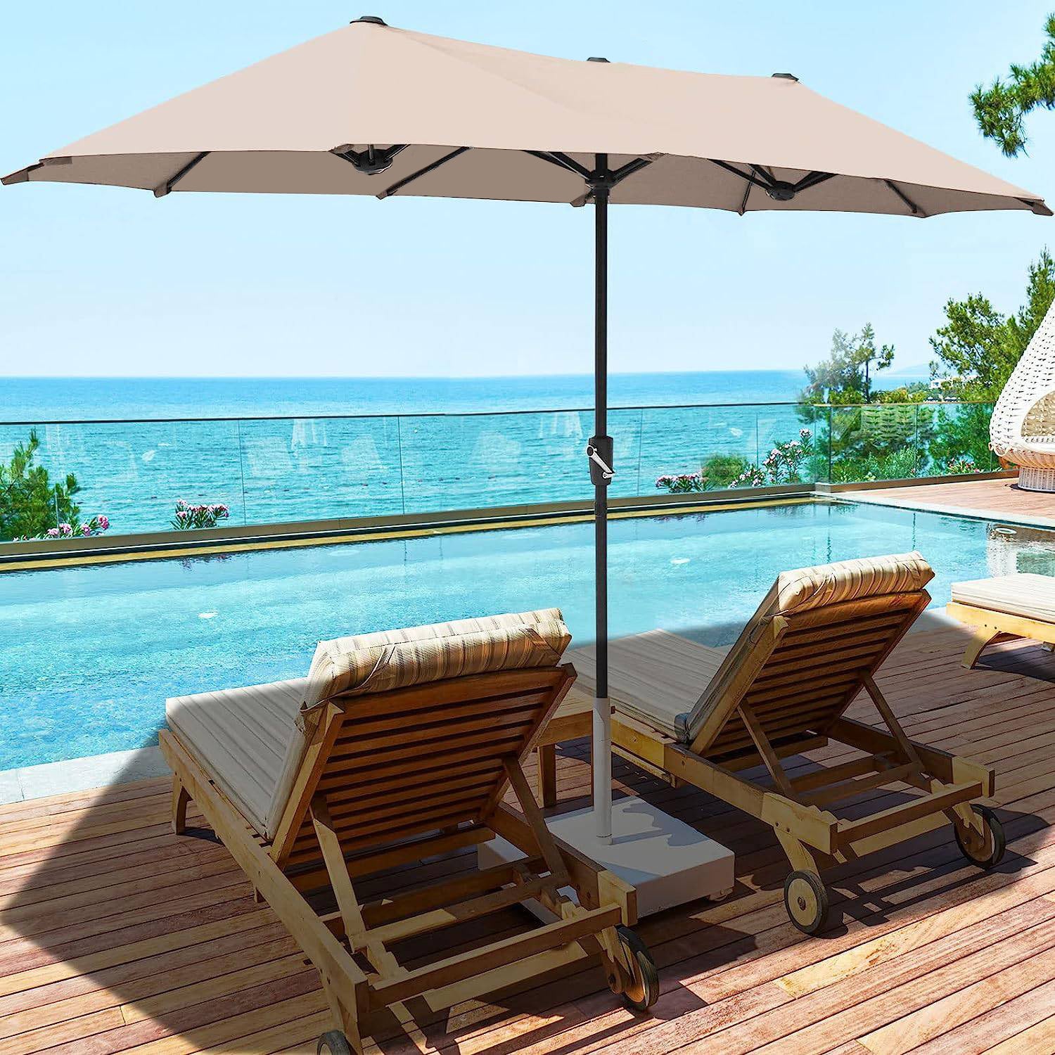 15FT Patio Outdoor Umbrella With Cover Double Sided Large Umbrella 4.5M with Crank Handle for Deck, Lawn, Backyard and Pool, Tan