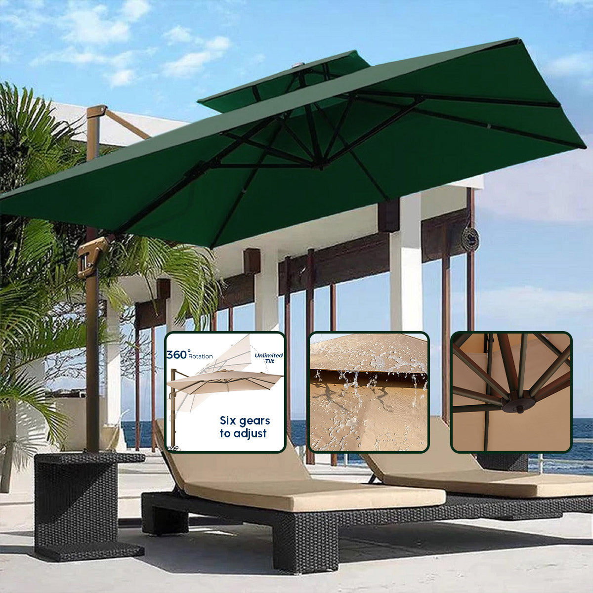 2.5M Cantilever Patio Umbrella Roma 360° Rotation Double Top Square Umbrella, cantilever parasol with Cover