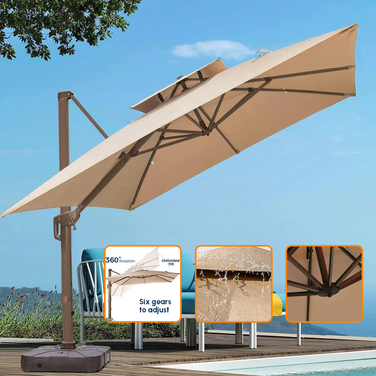 2.5M Cantilever Patio Umbrella Roma 360° Rotation Double Top Square Umbrella, cantilever parasol with Cover