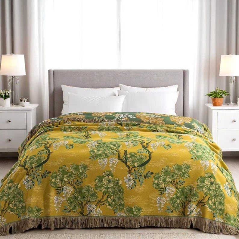 Boho Tree Throw Blanket with Fringe - Cotton Woven Bedspread & Sofa Cover for Couch, Queen/King Size Bohemian Home Decor