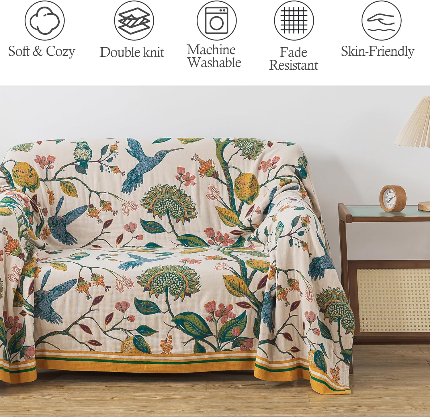 Boho Throw Blanket, 100% Cotton Soft Luxury Throw Rustic Quilt, 60"×80"/80"x90" Floral Printed Farmhouse Decor Bed Summer Blankets, All Season Rustic Reversible Bohemian Throw for Bed - Lemon