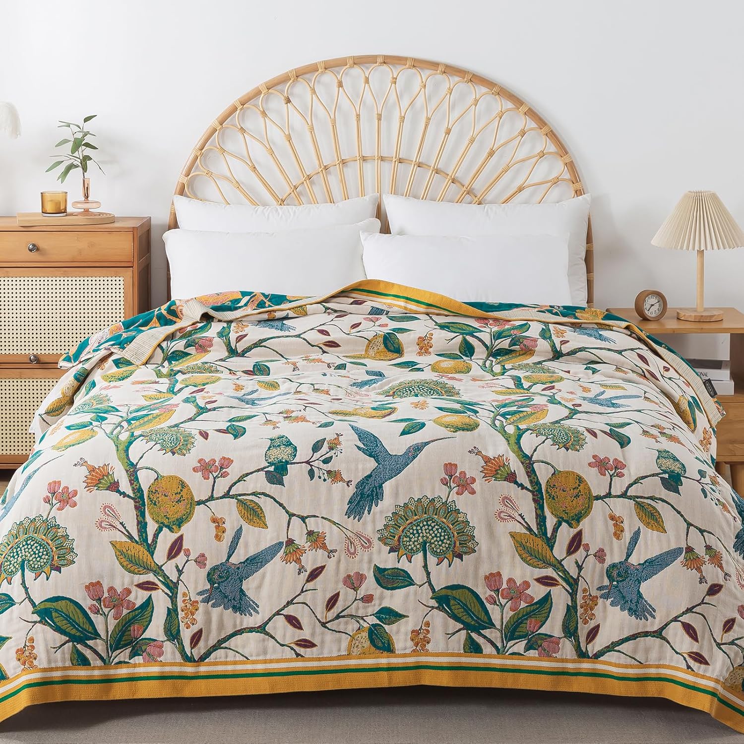 Boho Throw Blanket, 100% Cotton Soft Luxury Throw Rustic Quilt, 60"×80"/80"x90" Floral Printed Farmhouse Decor Bed Summer Blankets, All Season Rustic Reversible Bohemian Throw for Bed - Lemon