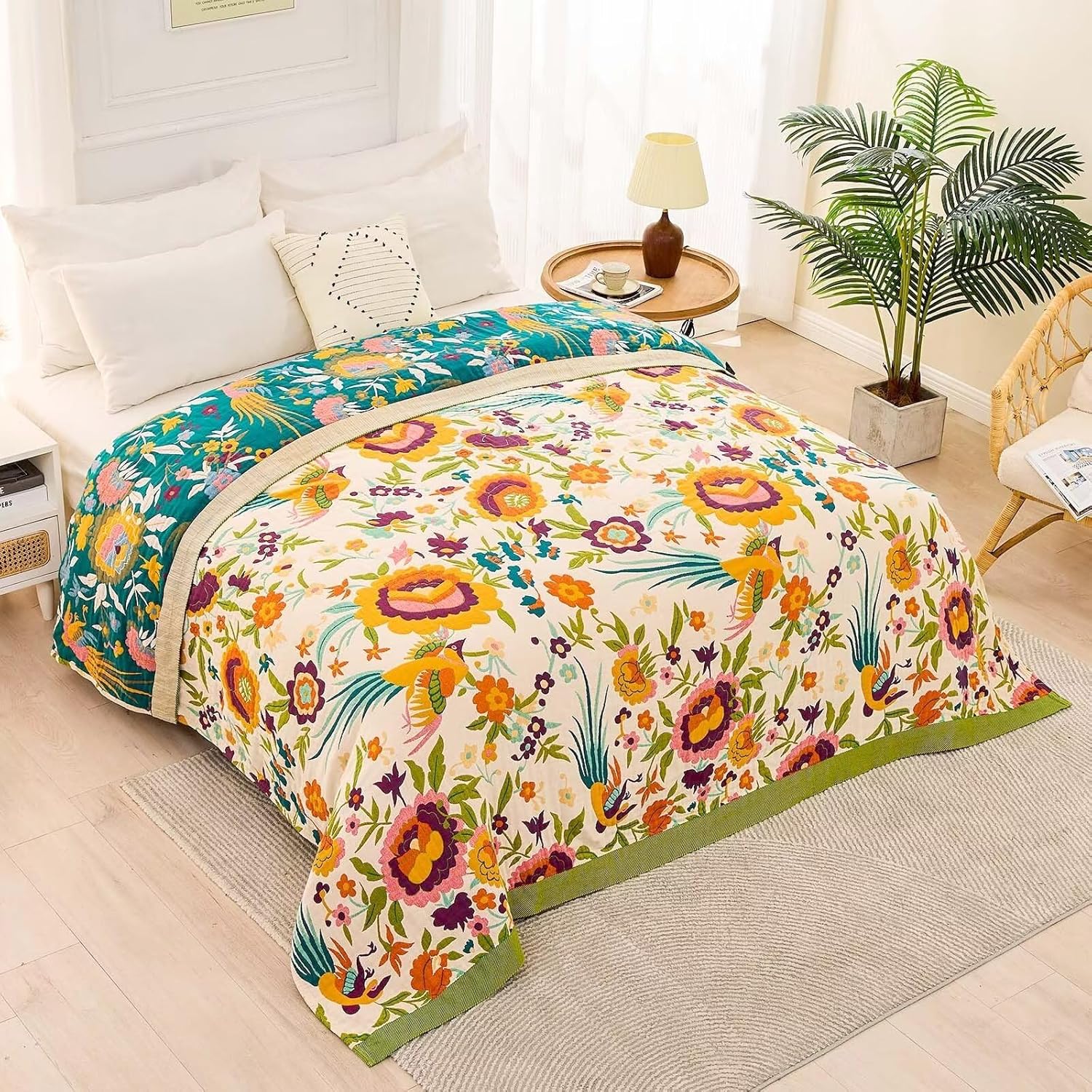 Boho Throw Blanket,Gold Phoenix Tapestry Throw Luxury Oriental Flora