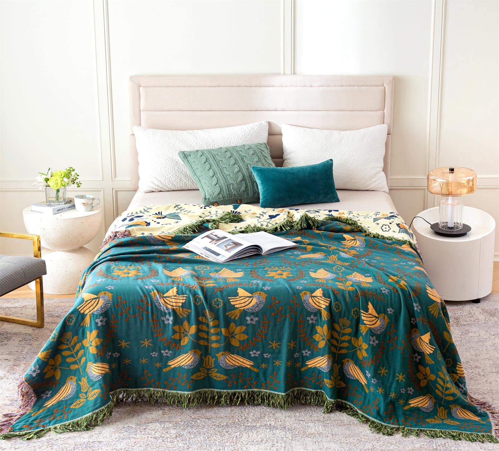 Boho Bed Cover 60"x80"/80"×90" - 2-in-1 Cotton Throw Blanket for Couch, Sofa & Bohemian Style Bedding, Lightweight for Picnic, Beach, Home Decor