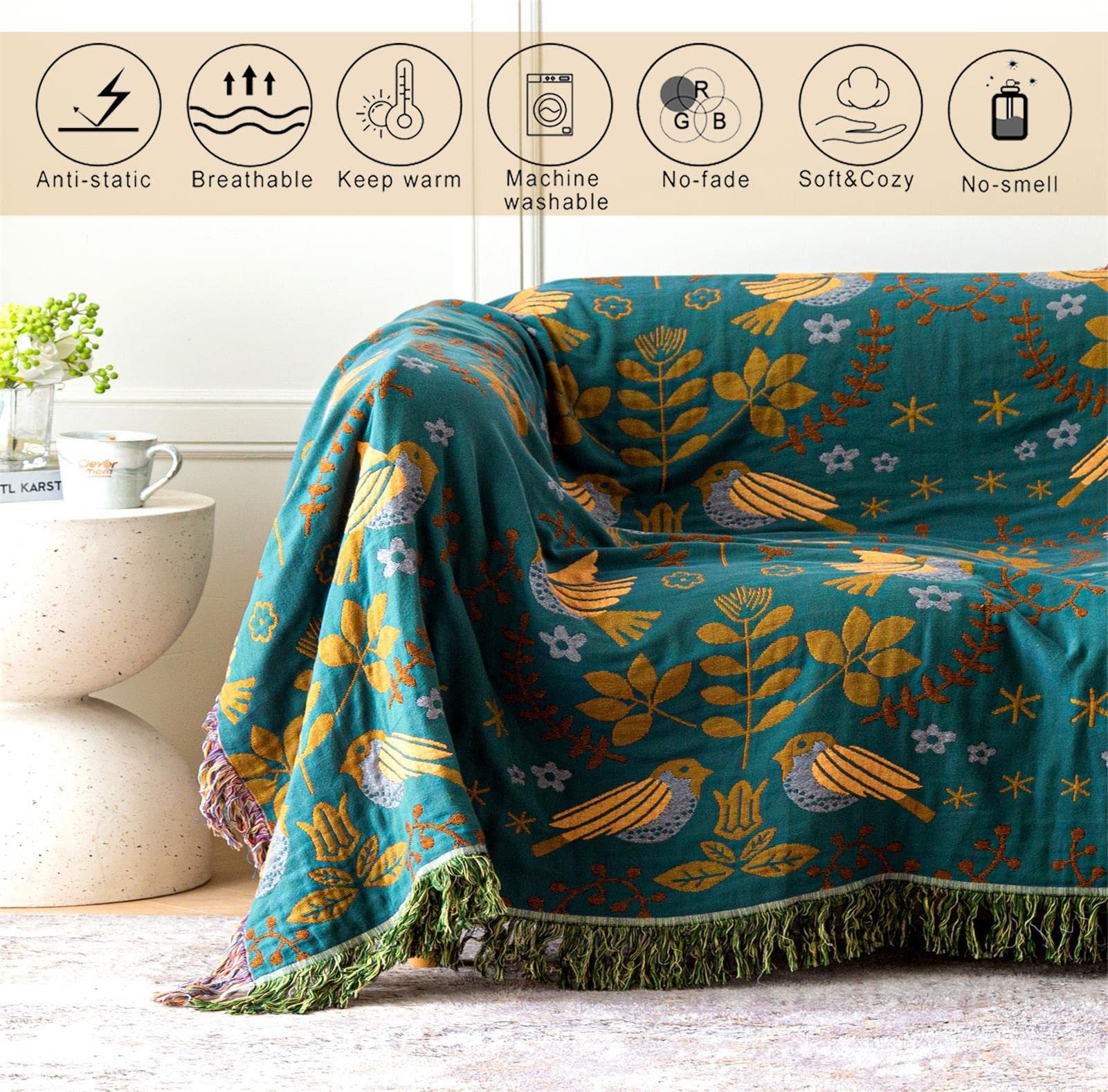 Boho Bed Cover 60"x80"/80"×90" - 2-in-1 Cotton Throw Blanket for Couch, Sofa & Bohemian Style Bedding, Lightweight for Picnic, Beach, Home Decor
