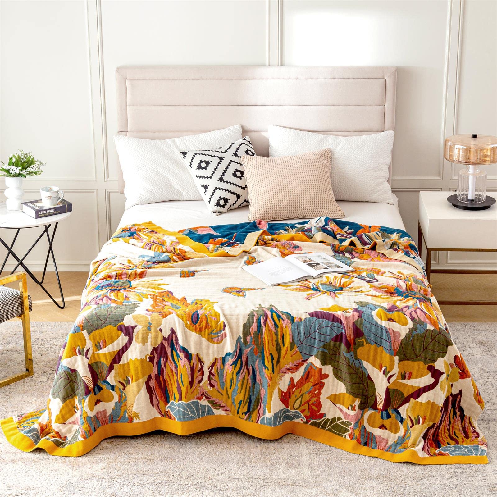 2-in-1 Boho Throw Blanket & Bed Cover - 60x80/80×90 Inch Cotton Couch Cover for Sofa, Bed, Picnic, Travel - Lightweight Decorative Bohemian Blanket