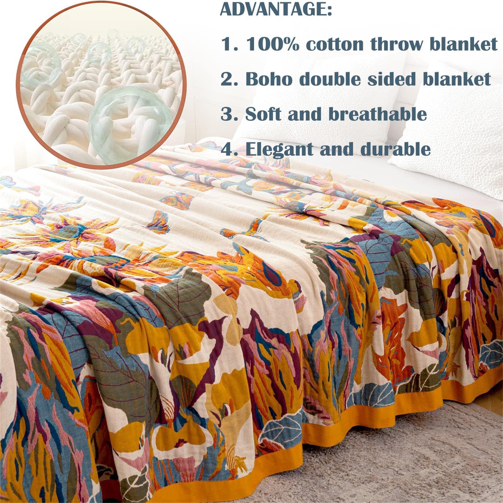 2-in-1 Boho Throw Blanket & Bed Cover - 60x80/80×90 Inch Cotton Couch Cover for Sofa, Bed, Picnic, Travel - Lightweight Decorative Bohemian Blanket