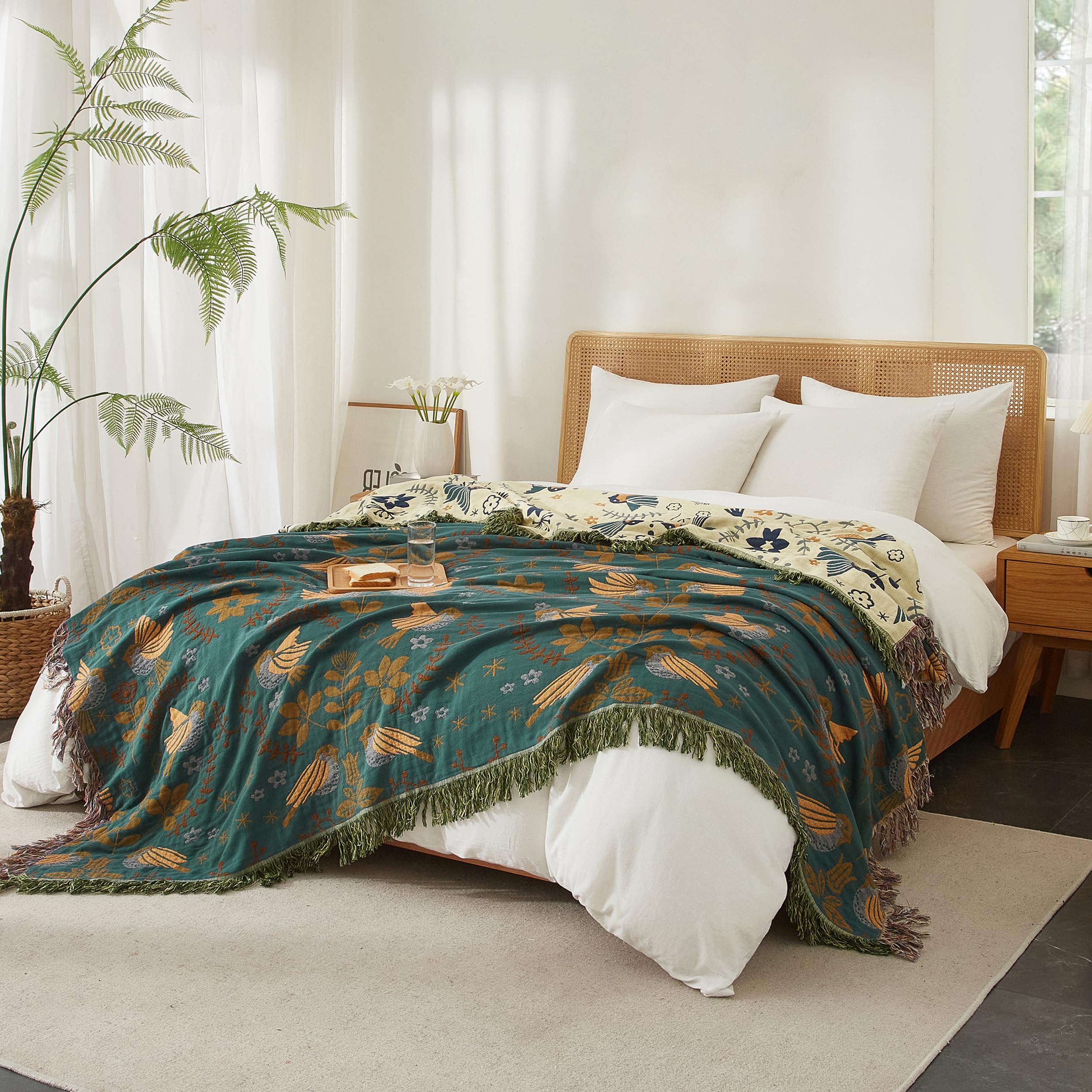 2-in-1 Throw Blanket 60"x80"/80"×90", Lightweight Woven Cotton Bedspread, Bohemian Sofa Cover for Home Decor