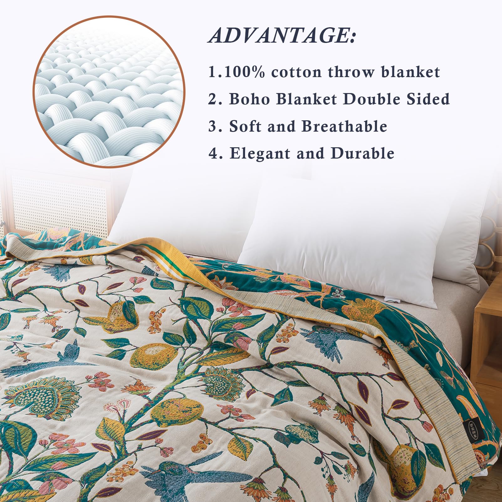 Boho Throw Blanket, 100% Cotton Soft Luxury Throw Rustic Quilt, 60"×80"/80"x90" Floral Printed Farmhouse Decor Bed Summer Blankets, All Season Rustic Reversible Bohemian Throw for Bed - Lemon