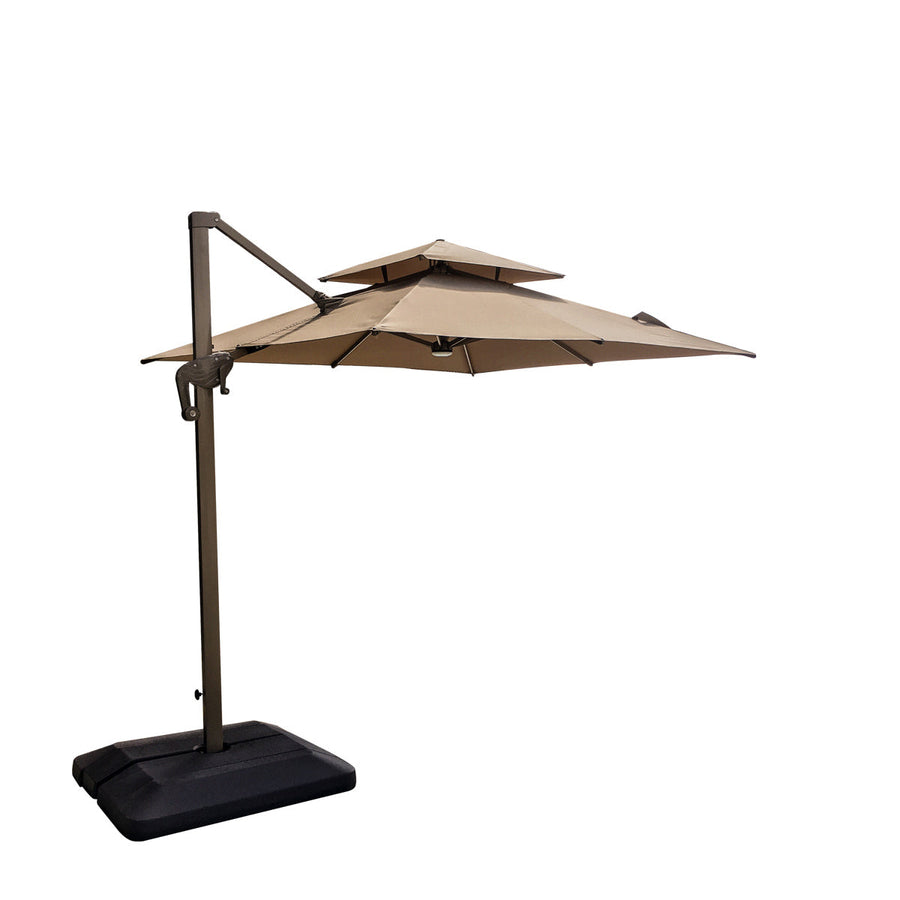 Cantilever Patio Umbrella Roma 2.5M Double Top Square Umbrella, 360° Rotation, Khaki with Light