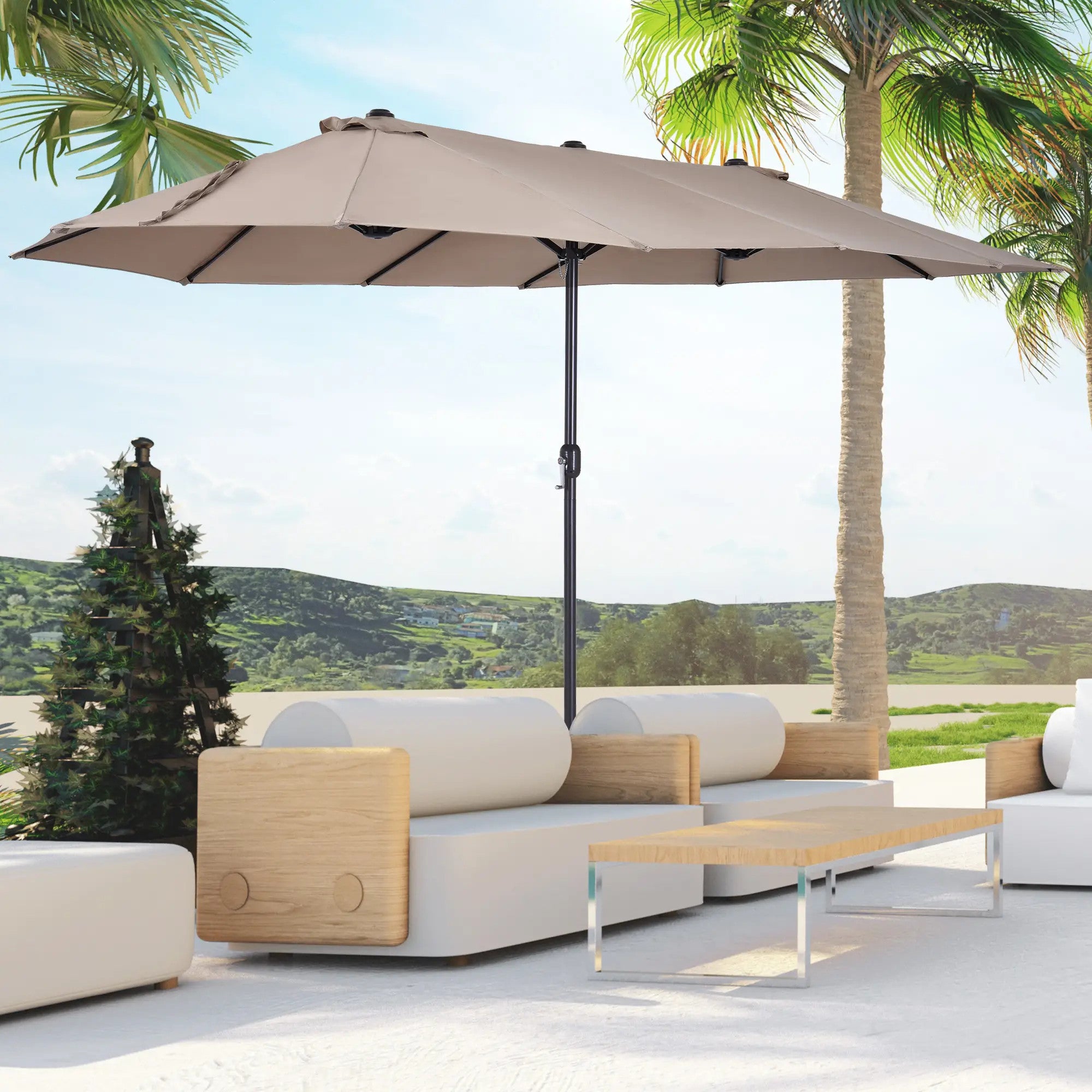 15FT Patio Outdoor Umbrella With Cover Double Sided Large Umbrella 4.5M with Crank Handle for Deck, Lawn, Backyard and Pool, Tan