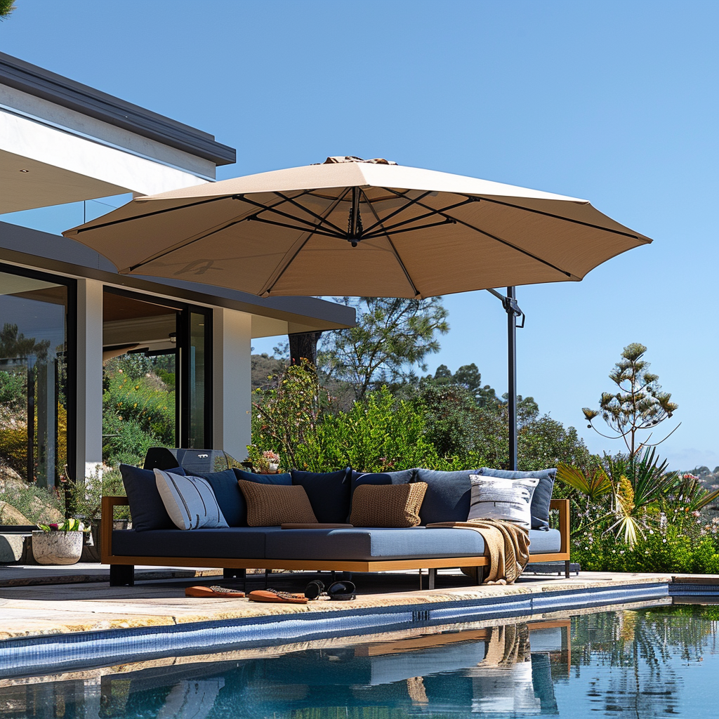 3M Roma Round aluminium double-topped umbrella, 360°rotating offset patio umbrella, khaki with cover