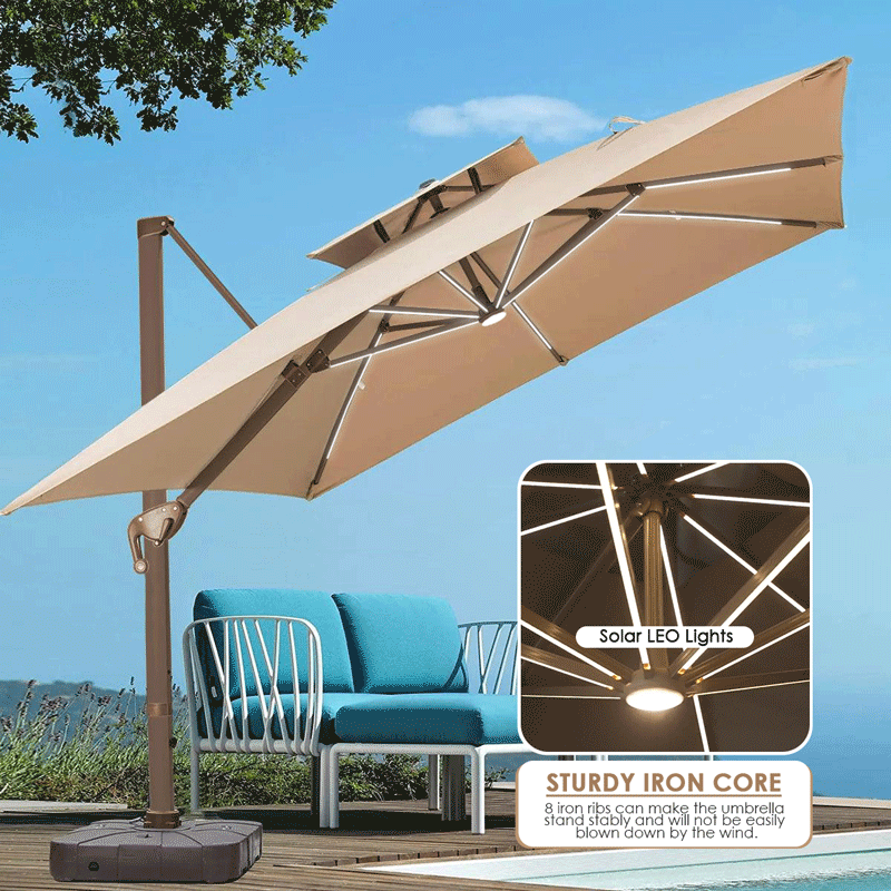 Cantilever Patio Umbrella Roma 2.5M Double Top Square Umbrella, 360° Rotation, Khaki with Light