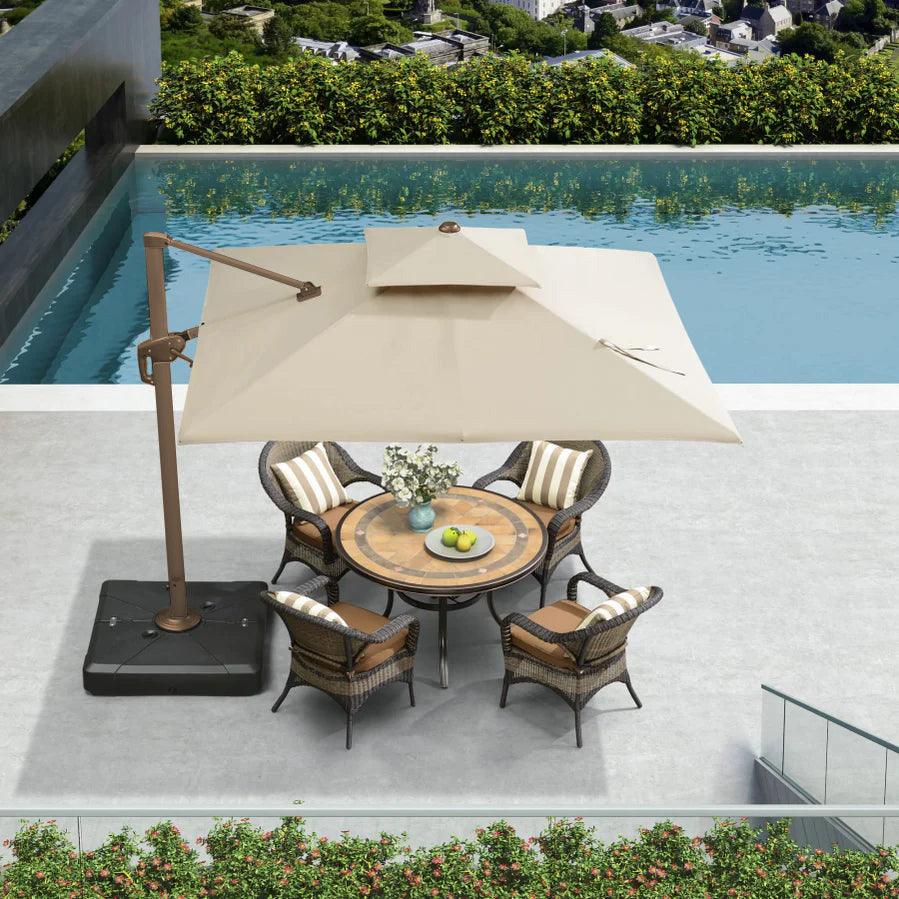 Cantilever Patio Umbrella Roma 2.5M Double Top Square Umbrella, 360° Rotation, Khaki with Light - Parasol