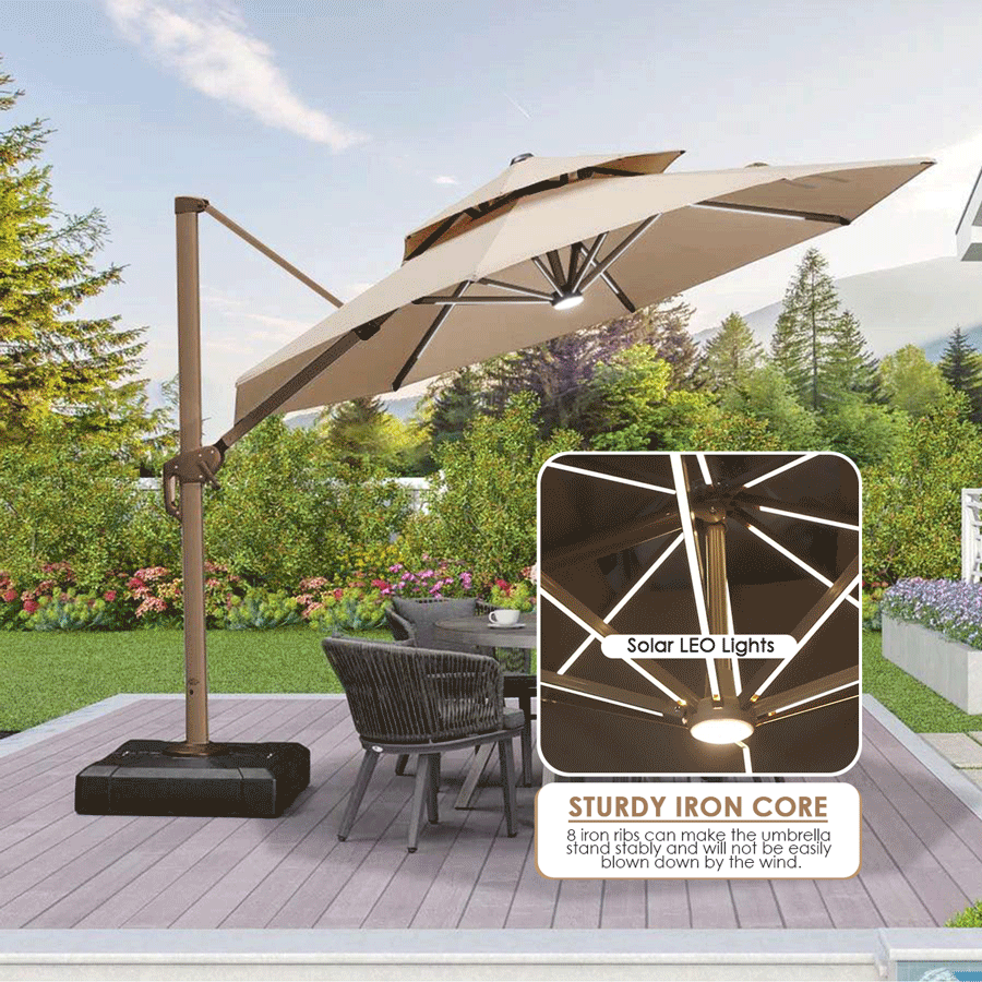 3M Roma Round aluminium double-topped umbrella with lights, 360°rotating offset patio umbrella, khaki