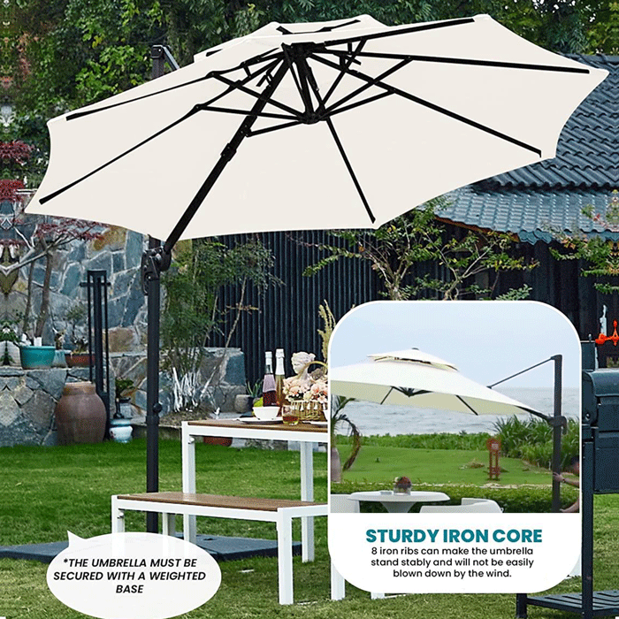 3M Roma Umbrella Sunshade Cantilever Hanging Parasol 360° Rotating,white
