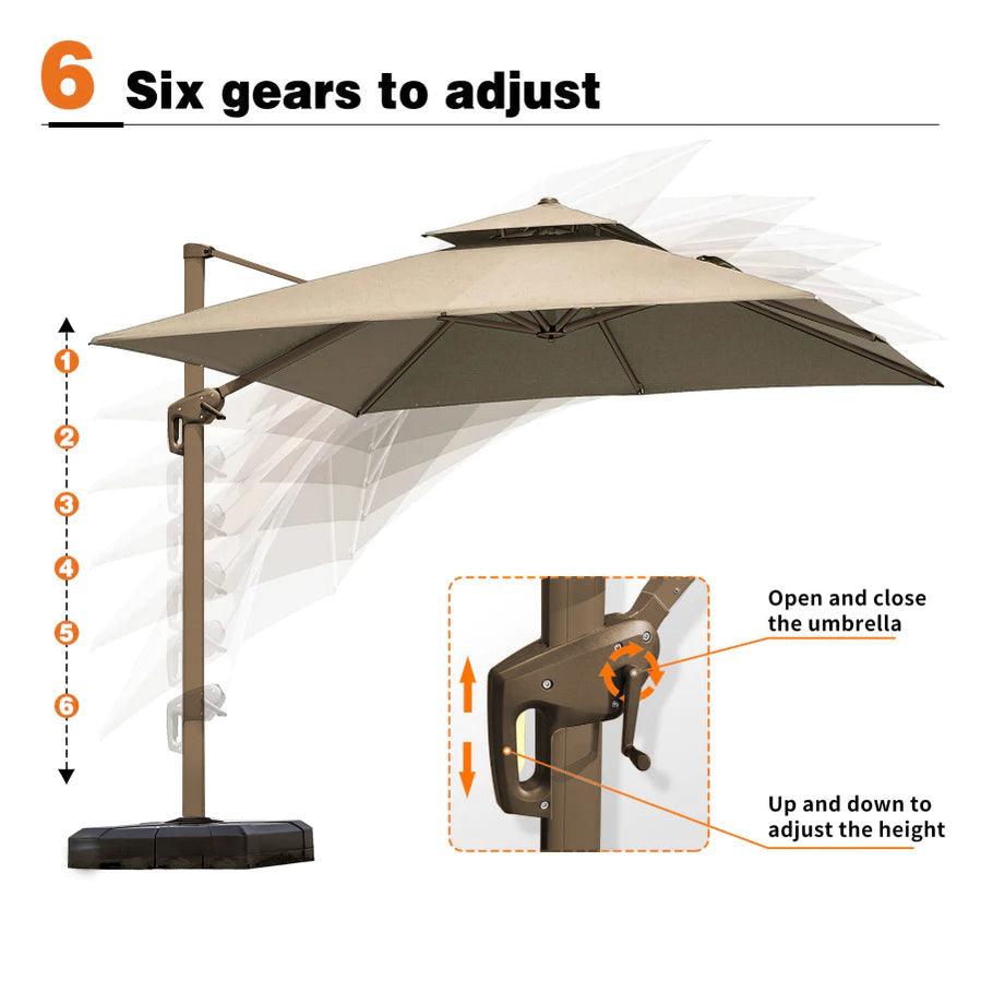 Cantilever Patio Umbrella Roma 2.5M Double Top Square Umbrella, 360° Rotation, Khaki with Light - Parasol