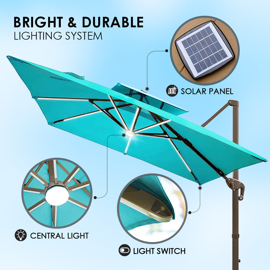 Cantilever Patio Umbrella Roma 2.5M Double Top Square Umbrella,360° Rotation, Dark Green with Light