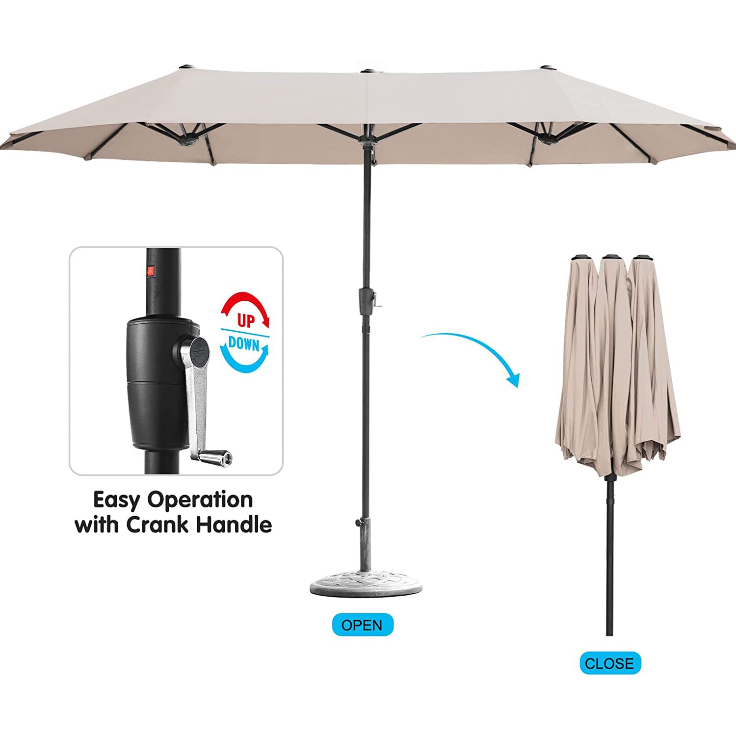 15FT Patio Outdoor Umbrella Double Sided Large Umbrella with Crank Handle for Deck, Lawn, Backyard and Pool, Tan