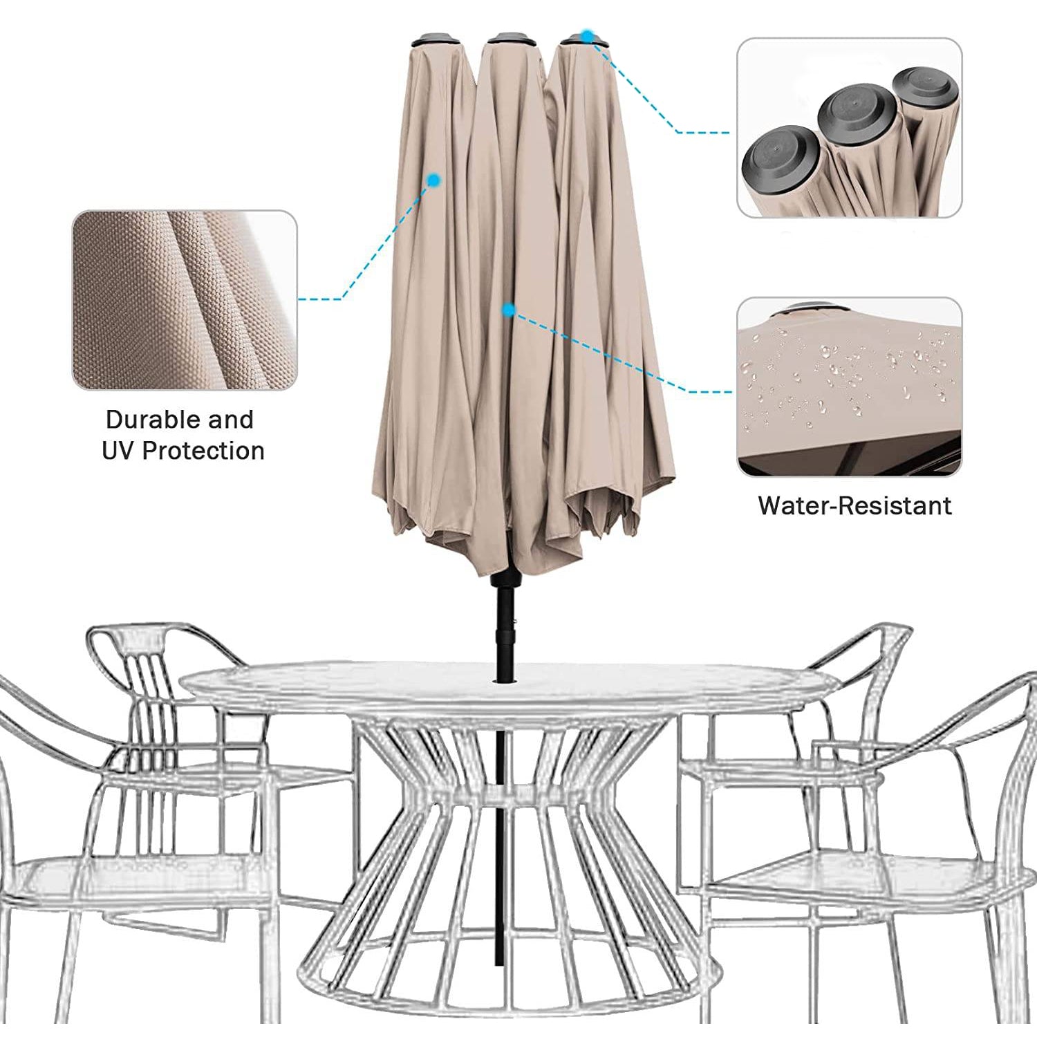 15FT Patio Outdoor Umbrella Double Sided Large Umbrella with Crank Handle for Deck, Lawn, Backyard and Pool, Tan