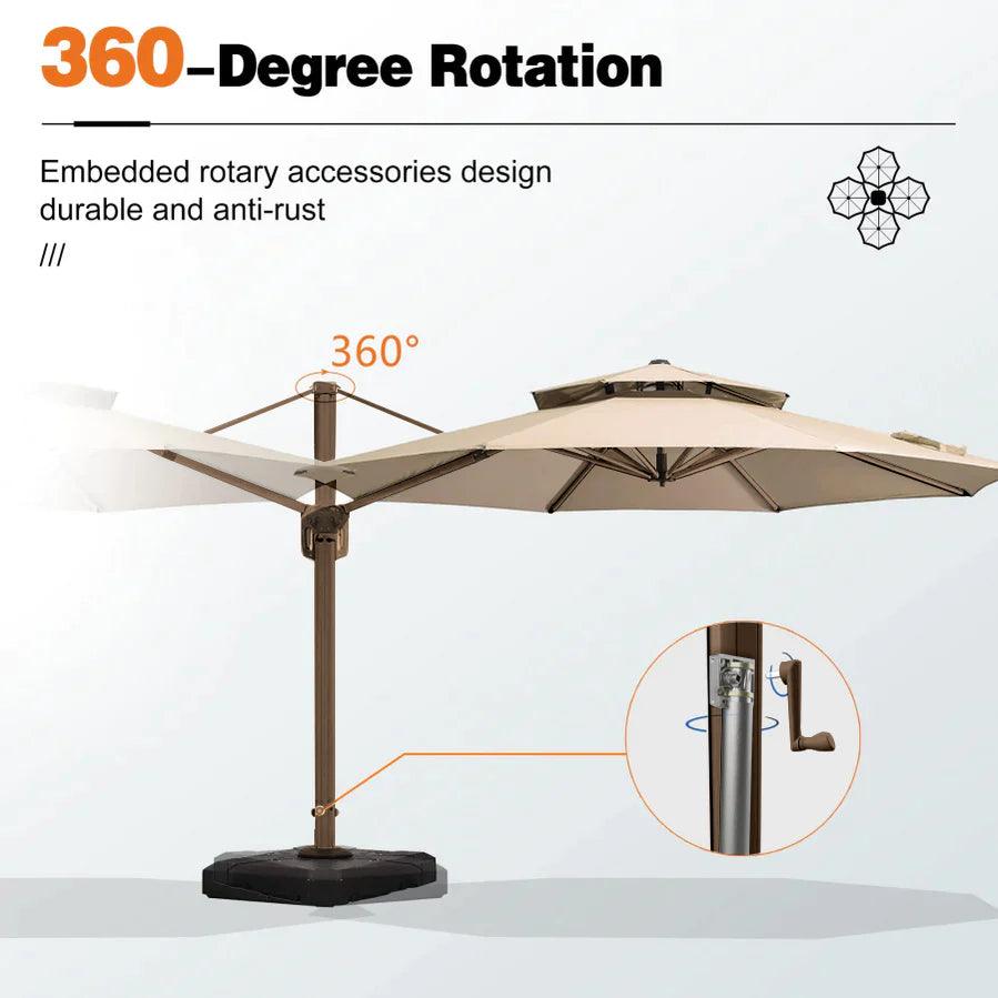 3M Roma Round aluminium double-topped umbrella with lights, 360°rotating offset patio umbrella, khaki - Parasol
