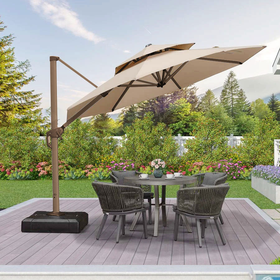heavy duty aluminum round patio tilt umbrella LAUSAINT HOME 12FT Deluxe Cantilever Cantilever Umbrella with Base Included Outdoor Umbrellas Garden, Backyard The premium polyester canopy is waterproof 3M Roma Round aluminium double-topped