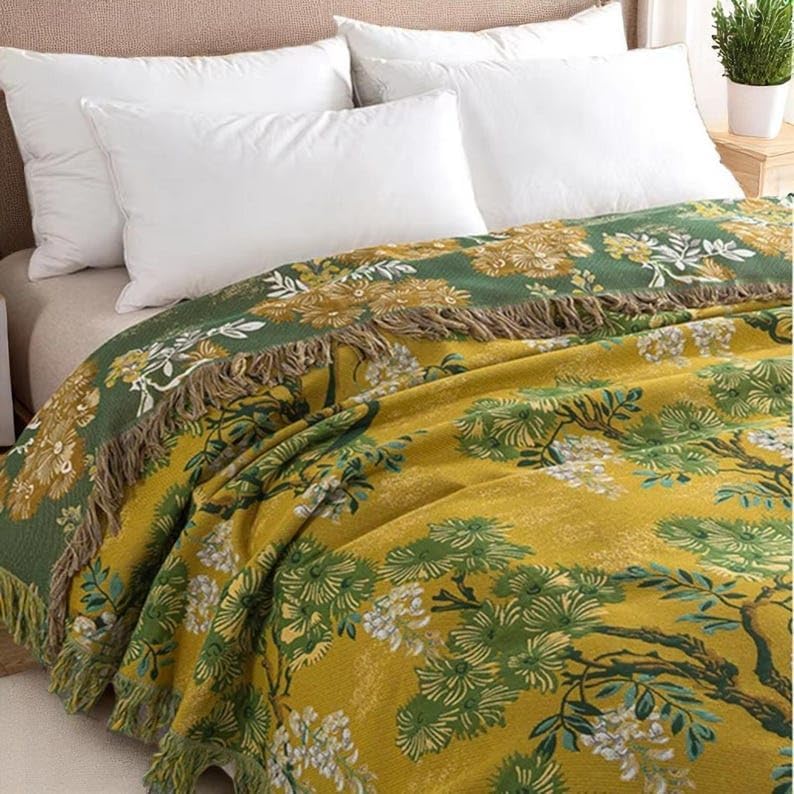 Boho Tree Throw Blanket with Fringe - Cotton Woven Bedspread & Sofa Cover for Couch, Queen/King Size Bohemian Home Decor