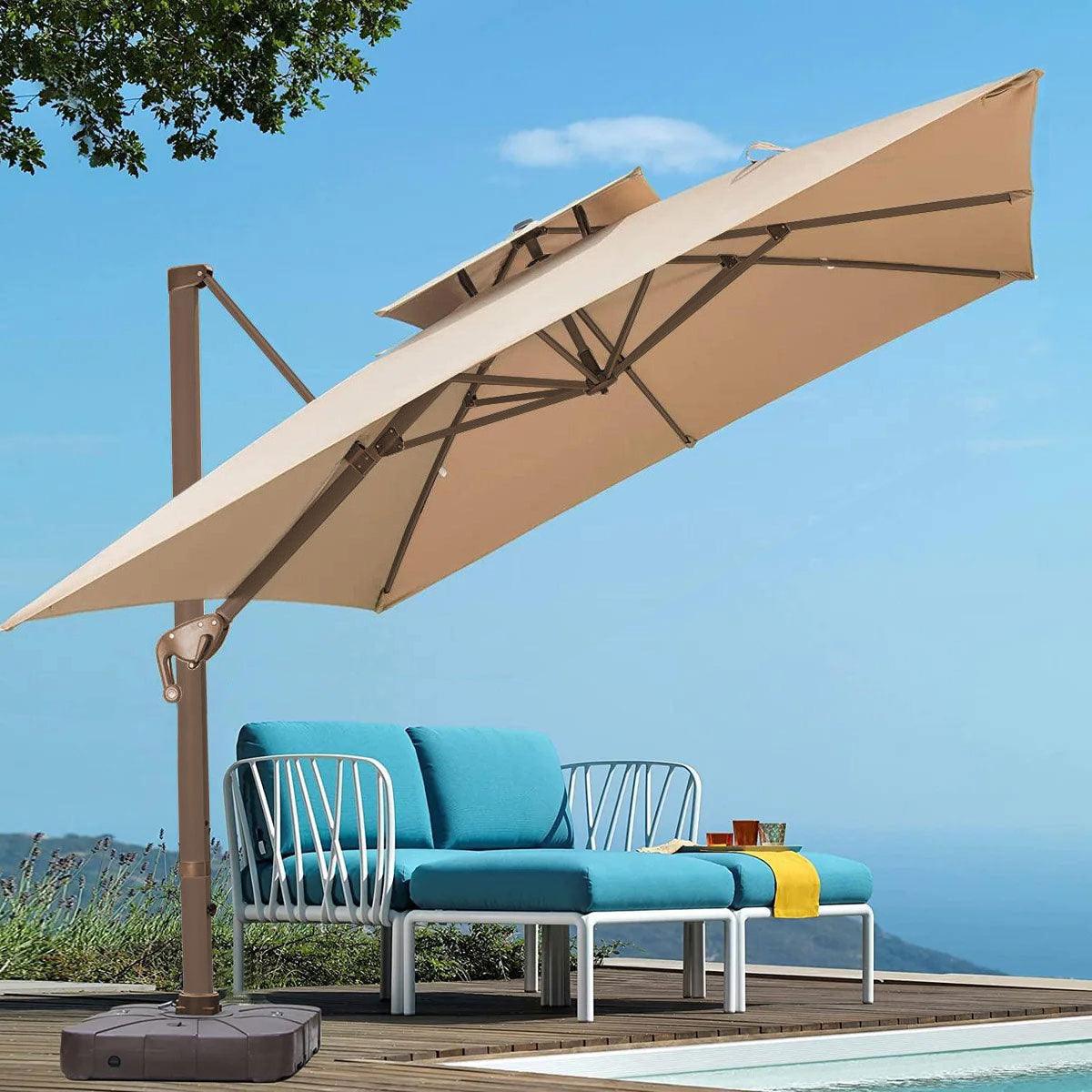Cantilever Patio Umbrella Roma 2.5M Double Top Square Umbrella, 360° Rotation, Khaki - Parasol