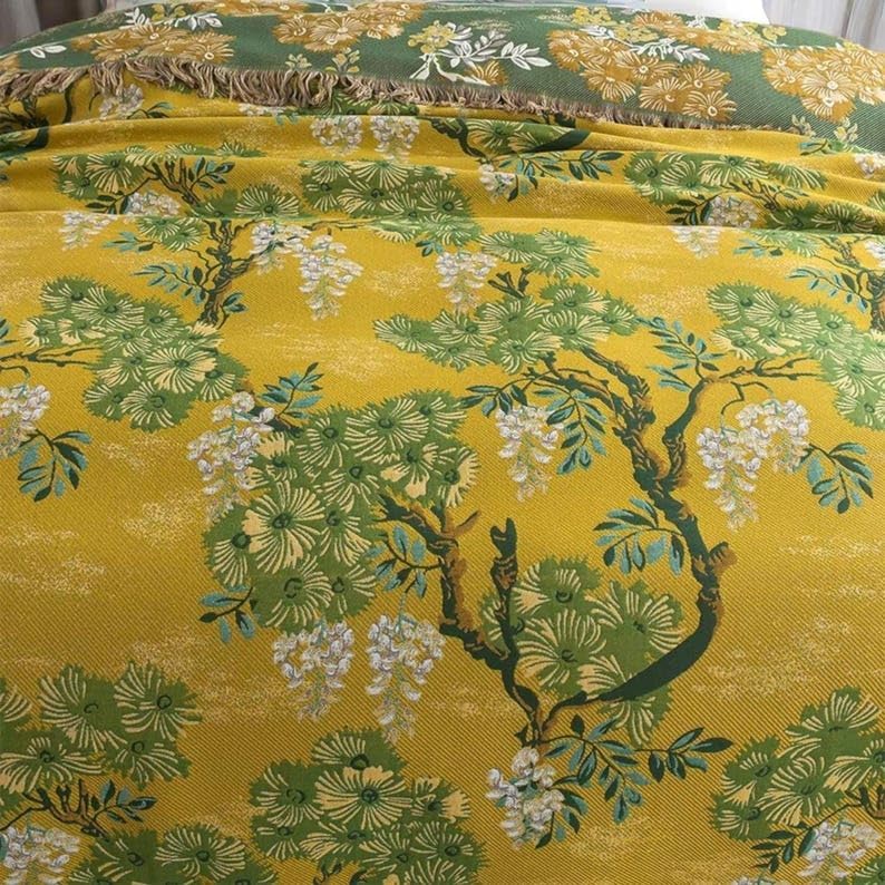 Boho Tree Throw Blanket with Fringe - Cotton Woven Bedspread & Sofa Cover for Couch, Queen/King Size Bohemian Home Decor