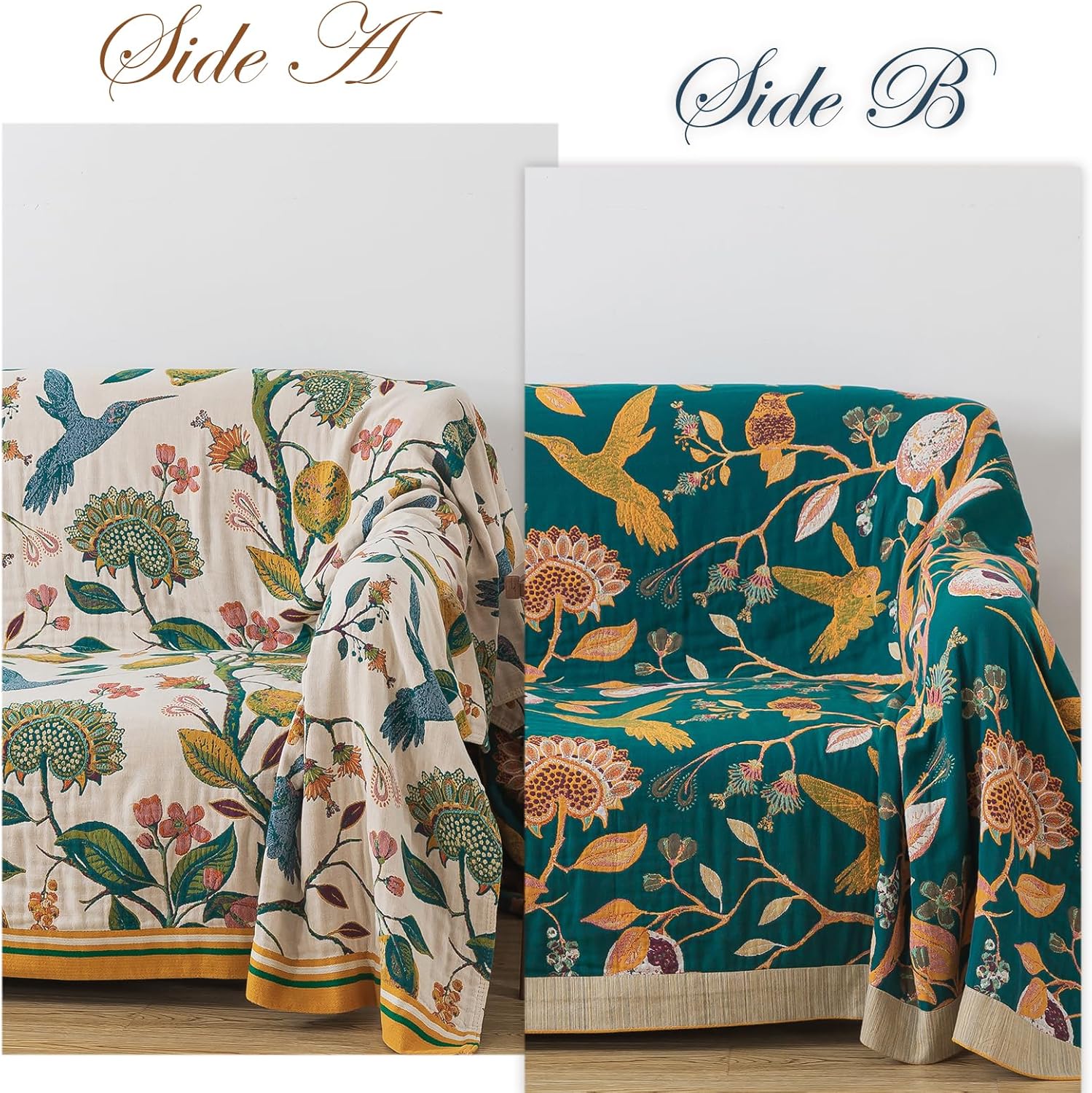 Boho Throw Blanket, 100% Cotton Soft Luxury Throw Rustic Quilt, 60"×80"/80"x90" Floral Printed Farmhouse Decor Bed Summer Blankets, All Season Rustic Reversible Bohemian Throw for Bed - Lemon