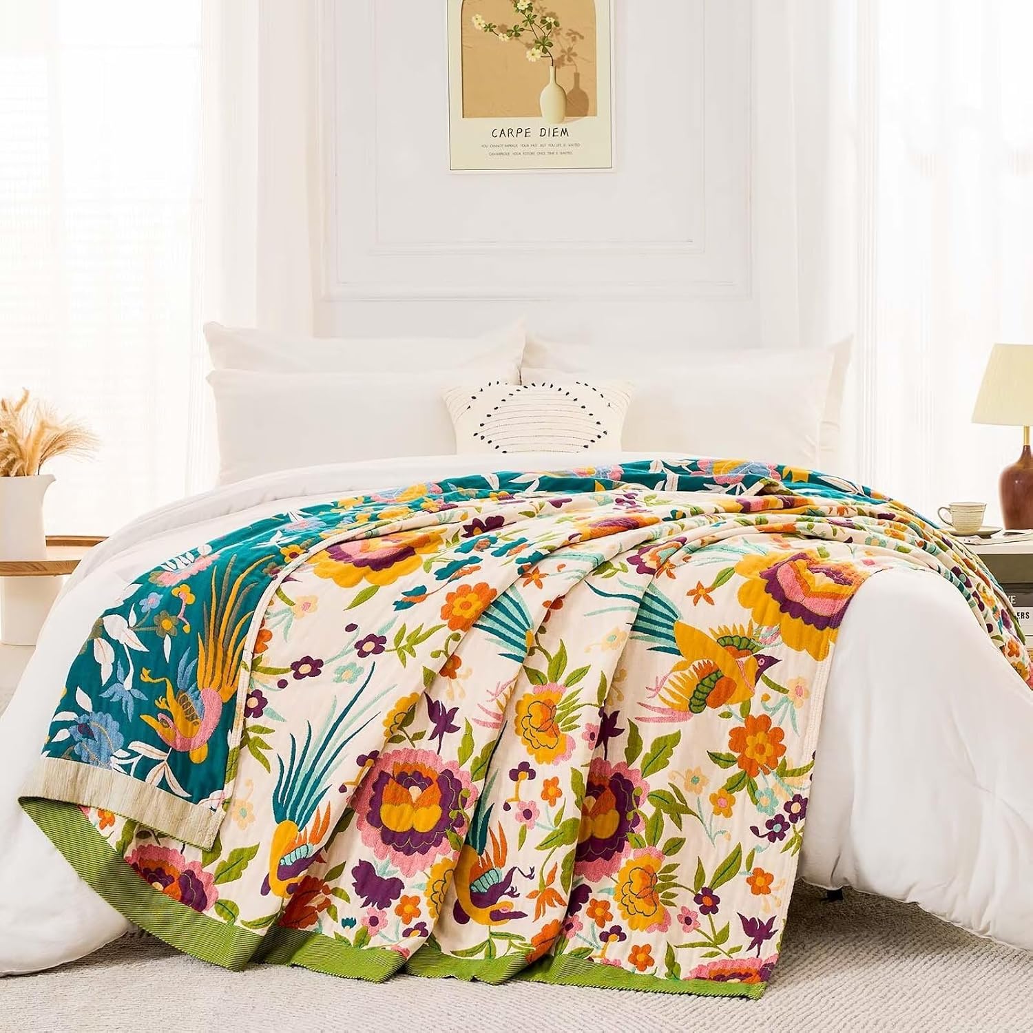 Boho Throw Blanket,Gold Phoenix Tapestry Throw - Luxury Oriental Floral Blanket with Golden Bird Art, Queen/King Size Metallic Jacquard Couch Cover for Elegant Home Decor