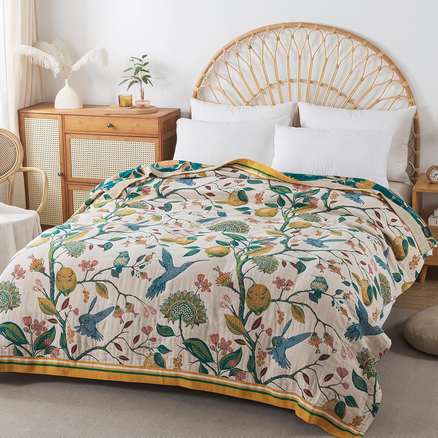 Boho Throw Blanket, 100% Cotton Soft Luxury Throw Rustic Quilt, 60"×80"/80"x90" Floral Printed Farmhouse Decor Bed Summer Blankets, All Season Rustic Reversible Bohemian Throw for Bed - Lemon