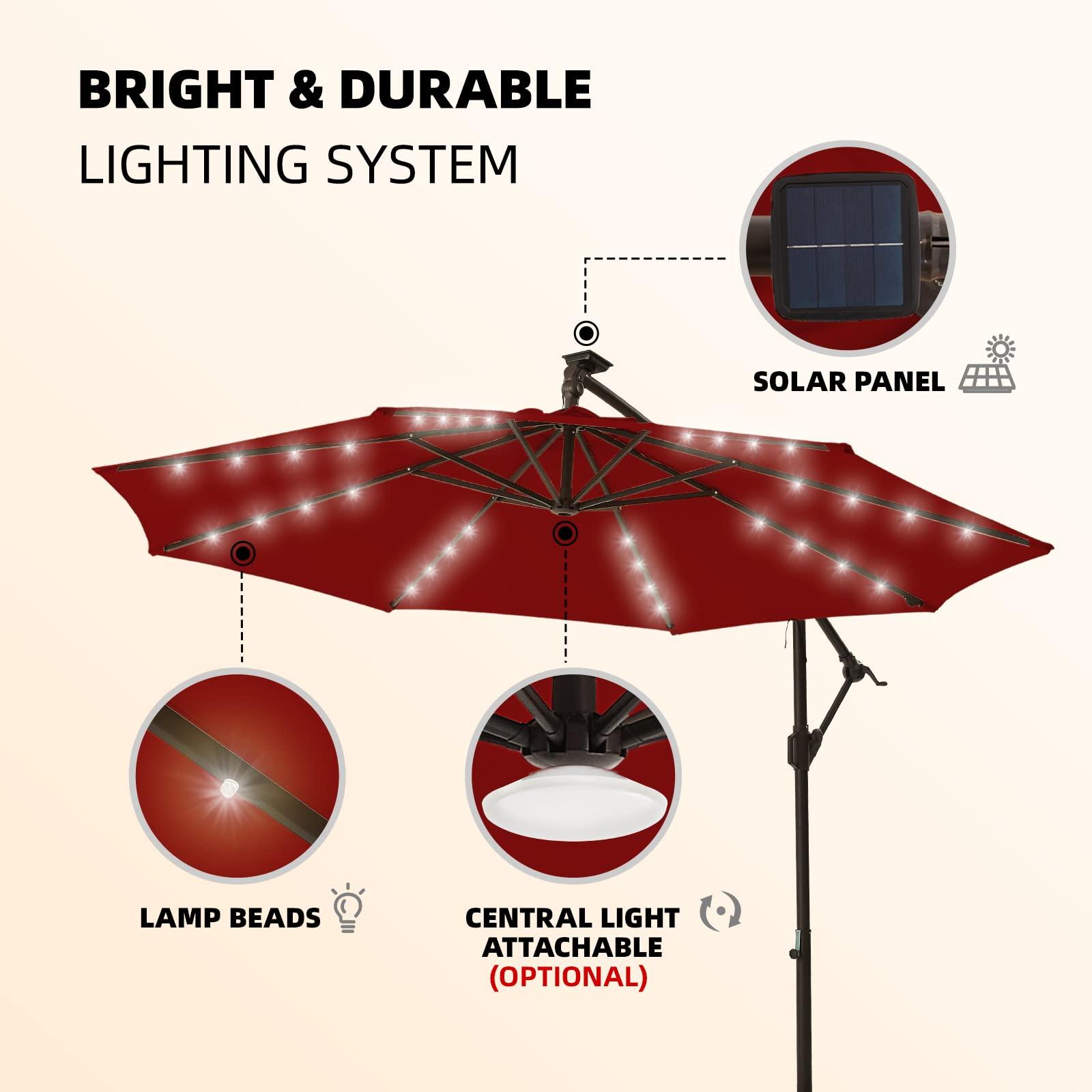 2.7/3M Banana Parasol™ Cantilever Umbrella Crank, Tilt and Cross Brace, Olefin Fabric with Lights - Parasol