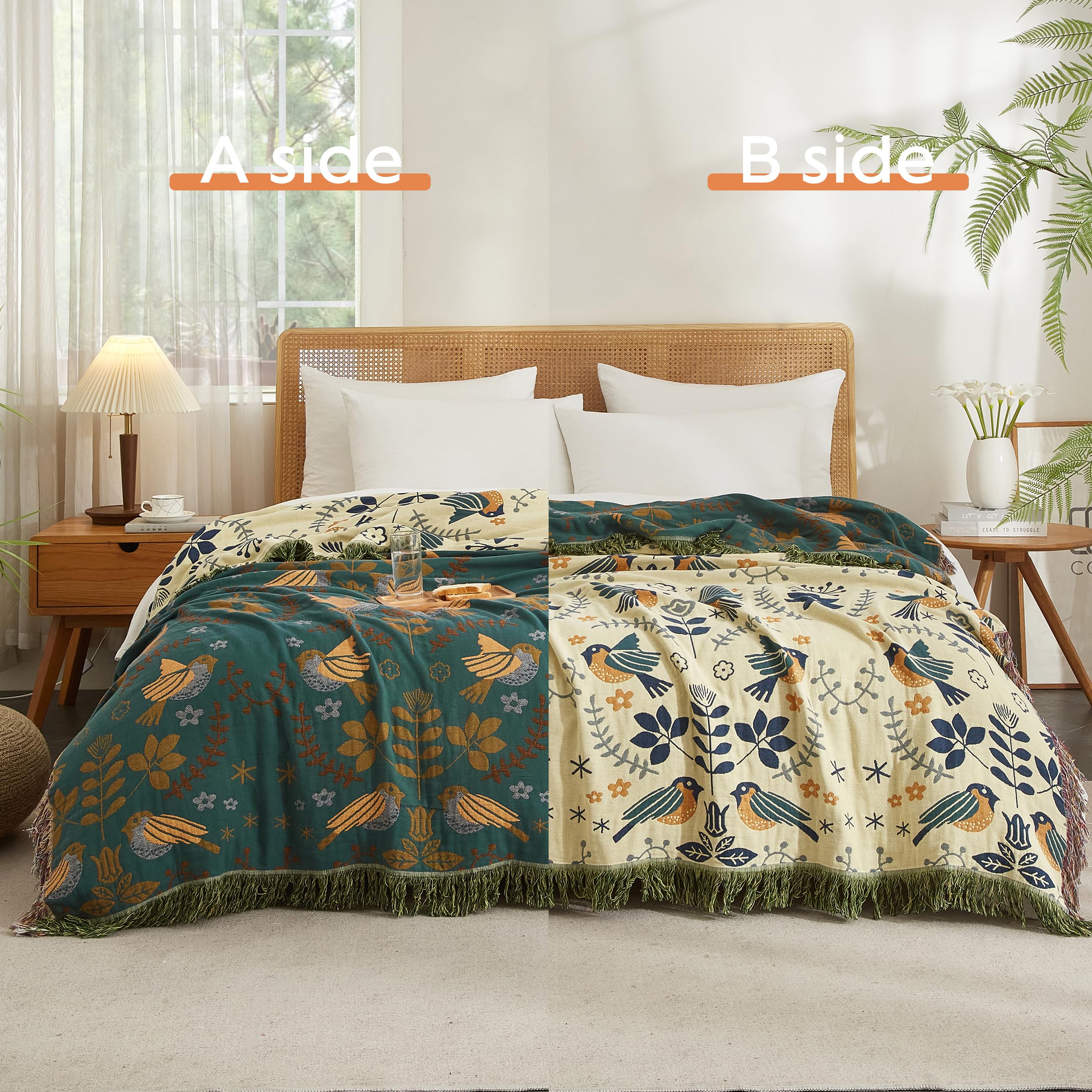 Boho Bed Cover 60"x80"/80"×90" - 2-in-1 Cotton Throw Blanket for Couch, Sofa & Bohemian Style Bedding, Lightweight for Picnic, Beach, Home Decor