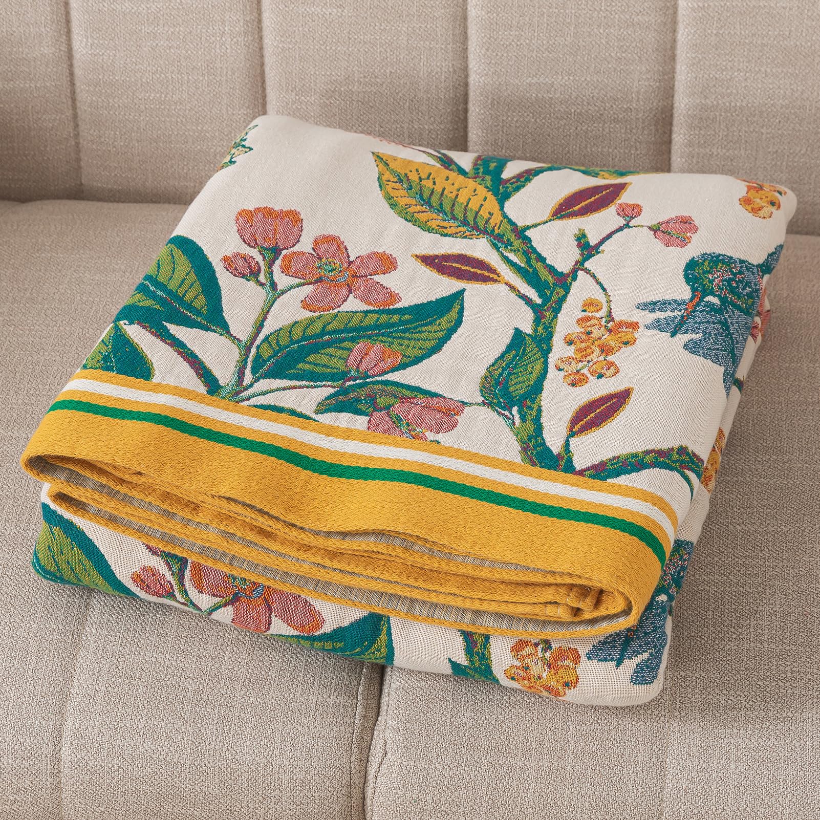 Boho Throw Blanket, 100% Cotton Soft Luxury Throw Rustic Quilt, 60"×80"/80"x90" Floral Printed Farmhouse Decor Bed Summer Blankets, All Season Rustic Reversible Bohemian Throw for Bed - Lemon