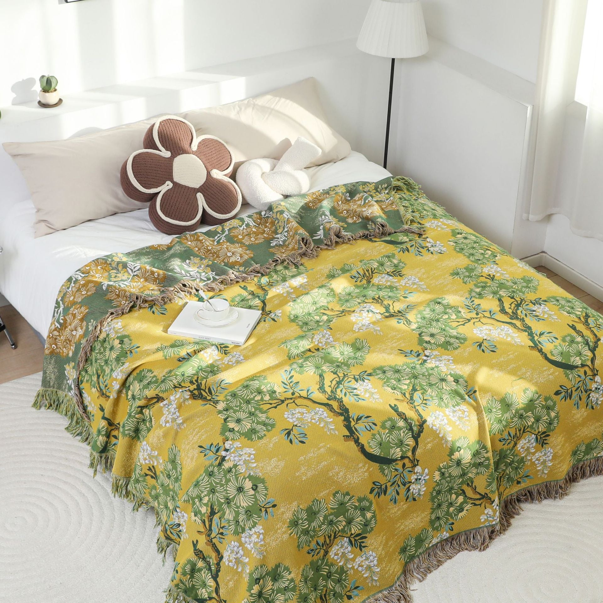Boho Tree Throw Blanket with Fringe - Cotton Woven Bedspread & Sofa Cover for Couch, Queen/King Size Bohemian Home Decor